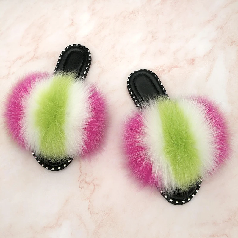 Fluffy Slippers Rivet Jelly Sandals Fur Flip Flops Ladies Indoor Luxury Shoes Women 2024 Sandals Wholesale Real Fur Slides