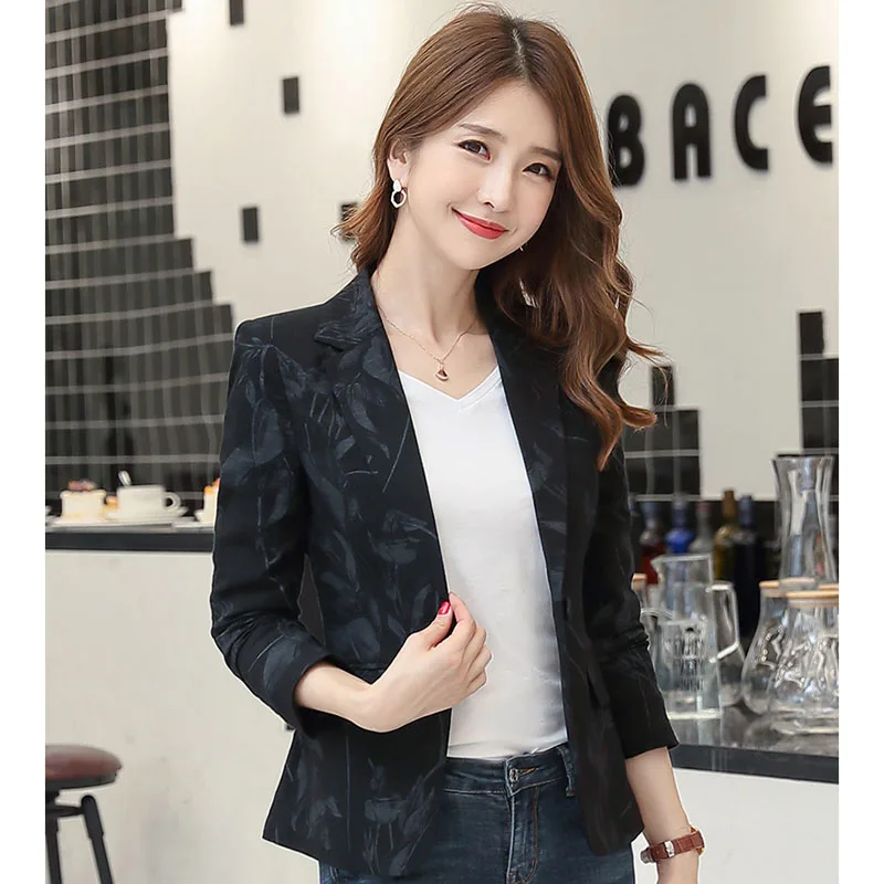 2023 New Autumn Korean Slim Retro Printing Small Suit Jacket Female Office Lady Single Breasted Blazer Casual Women Suit Coat 90