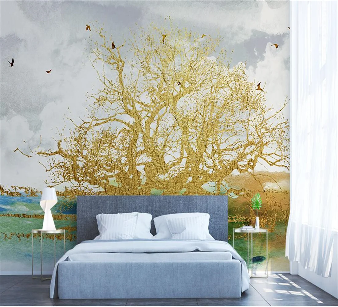 Modern abstract 3d wallpaper golden lines landscape tropical plants light luxury bedroom background wall painting 3d wallpaper