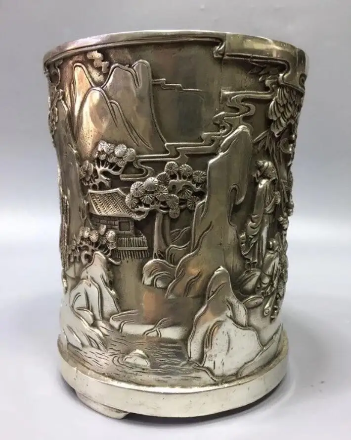 

Chinese White copper landscape Brush pot crafts statue