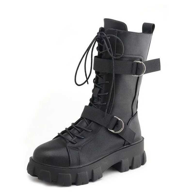 2021 Women Mid-Calf Boots Autumn Winter Punk Genuine Leather Boots Women Zipper Cross-tied Riding Boots High Heels Shoes Woman