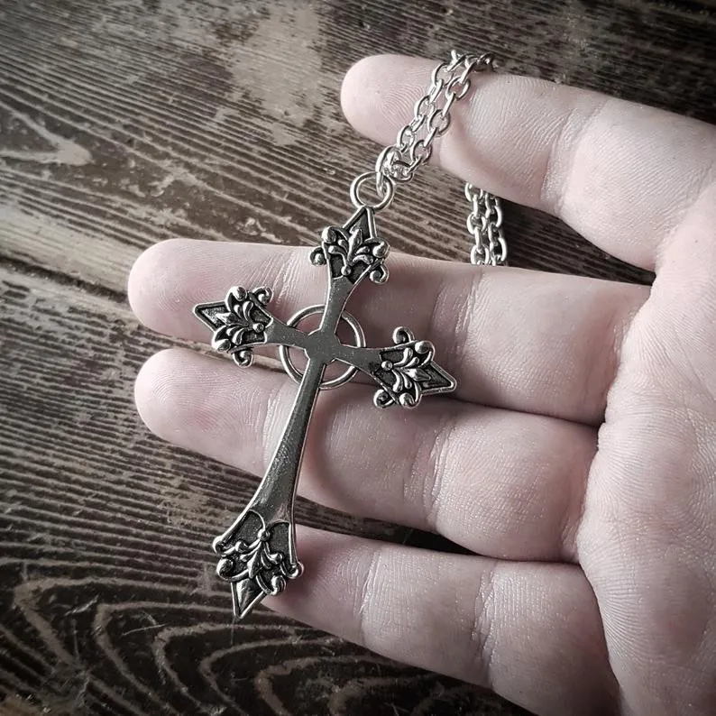 Large Detailed Silver Color Cross Pendant Necklace Gothic Jewellery Fashion Charm 2020 New Delicacy Beautiful Women Gift