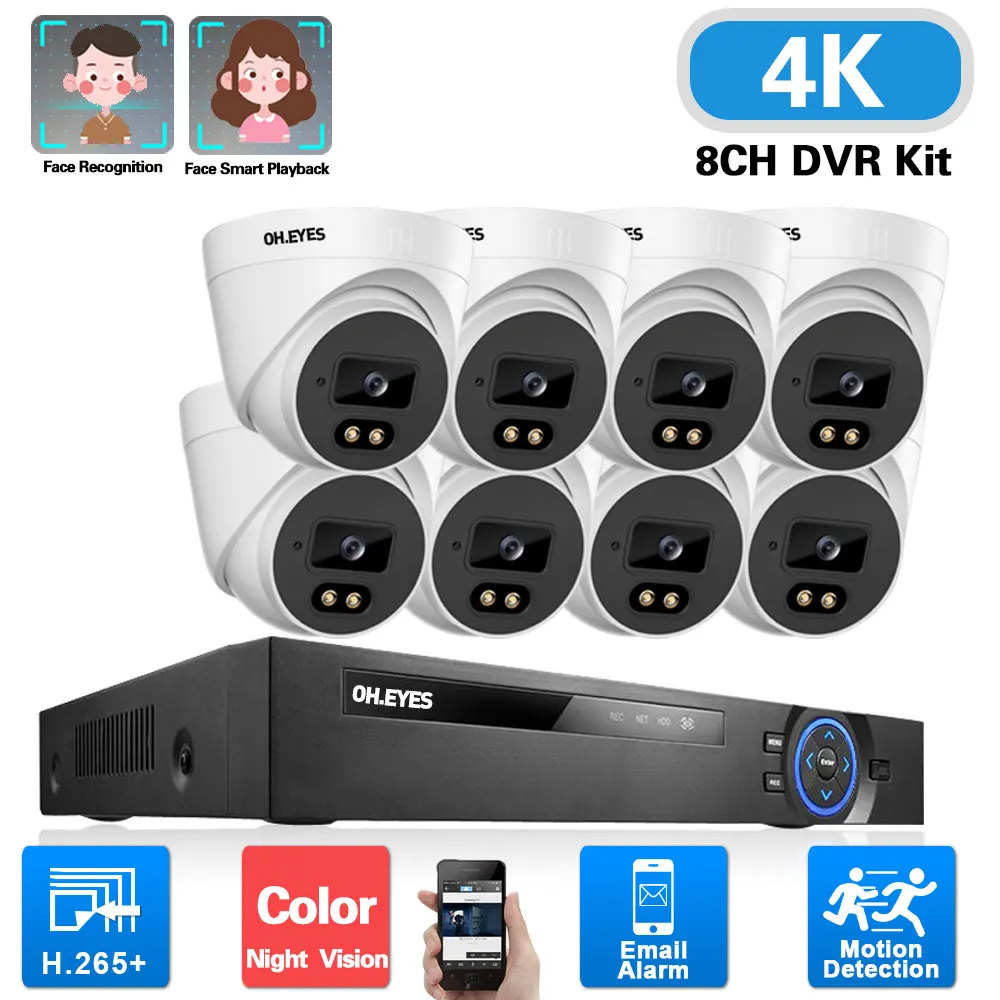 

4K 8 Channel DVR Kit Home AHD CCTV Camera Security System Kit Dome 8CH 8MP Face Detection Color Night Visin Surveillance Set 4CH