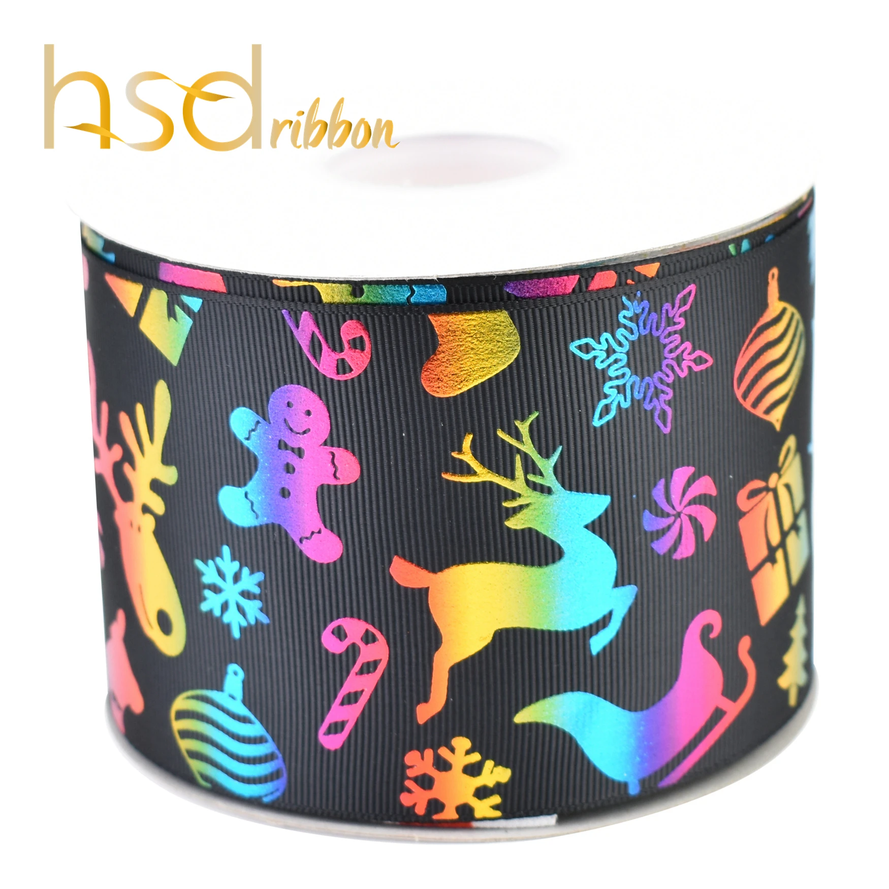 HSDRibbon 75mm 3inch Christmas laser gold foil Silver iridescence foil on HT and Red Black Grosgrain Ribbon