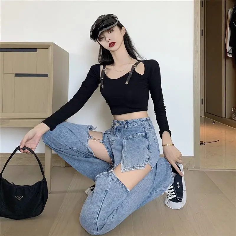 Women Straight Leg Ripped Jeans For Women Fashion Loose Hole Streetwear Women High Waist Pants Hole Boyfriend Denim Trousers