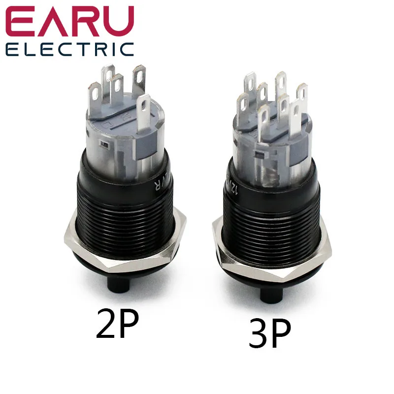 19mm Black Self-return Momentary Self-locking Fixation Waterproof DPDT Illuminated Metal Selector Rotary Switch 2/3 Position LED