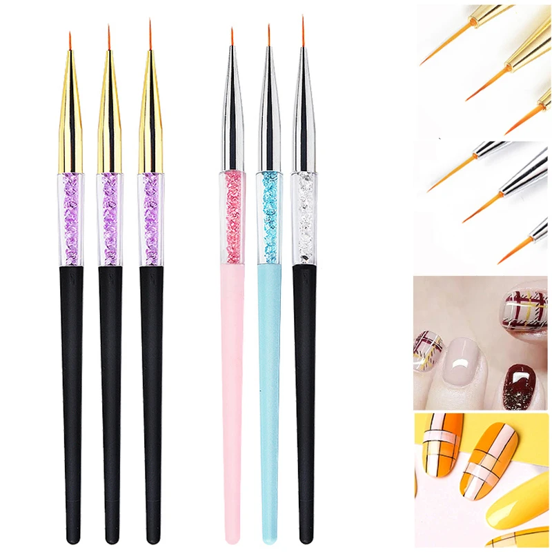 3Pcs Nail Art Stripe Liner Brush Set strass maniglia disegno linee di pittura griglia Nail Pen per unghie fai da te Design Manicure Brush