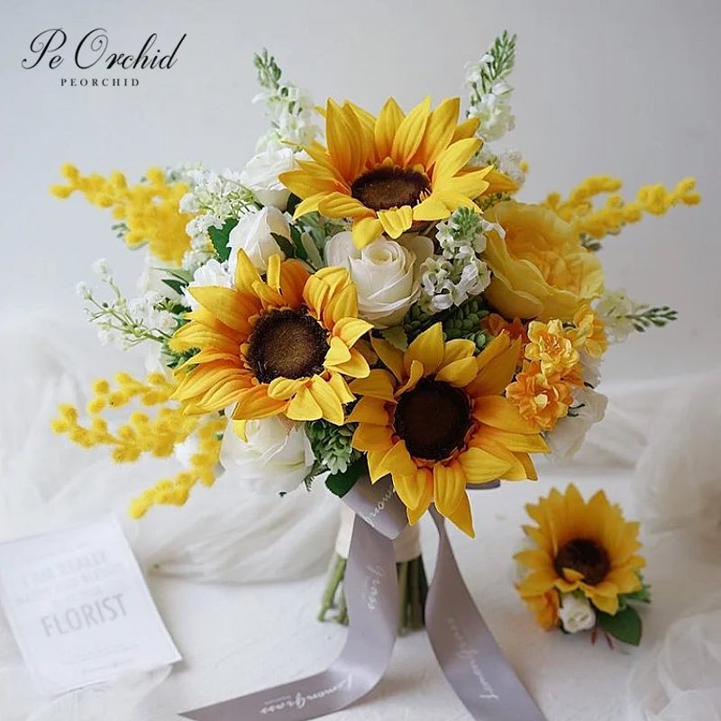 PEORCHID-ramo De flores artificiales para novia, conjunto De colección De flores De boda, color amarillo, blanco y rosa