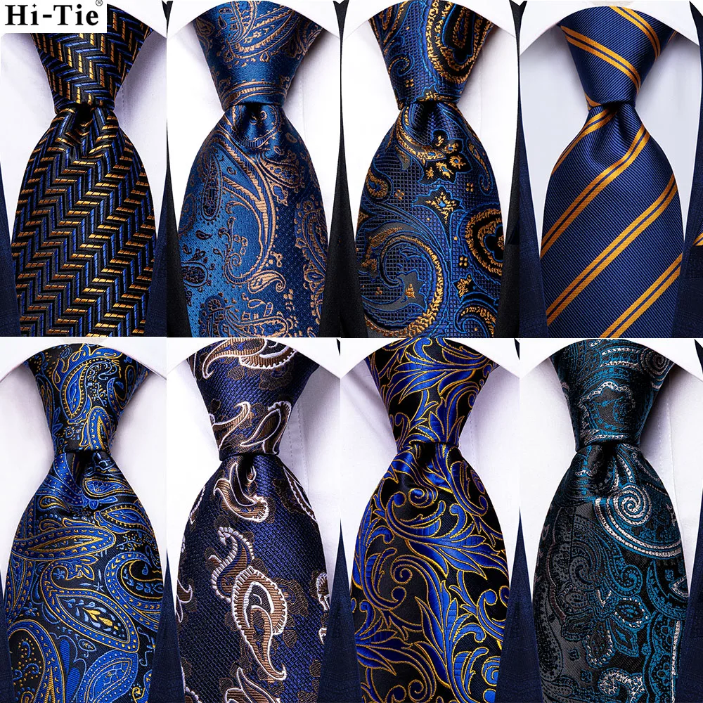 

Hi-Tie Paisley Navy Blue Solid Silk Wedding Tie For Men Hanky Cufflinks Mens Necktie Set Business Party New Design Dropshipping