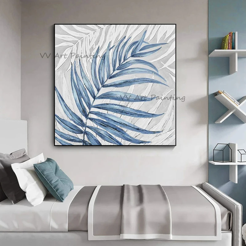 Blue Palm Leaf Art Hand Painted Acrylic Canvas Oil Paintings, Palette Knife Tropical Painting, No Framed Bedroom Wall Decoration