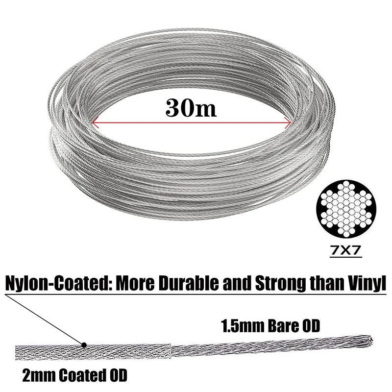 1 Set 30 Meter Heavy Duty Coated Nylon 304 Stainless Steel 2mm Wire Rope M2 Thimble with Aluminium Crimping  Turnbucle