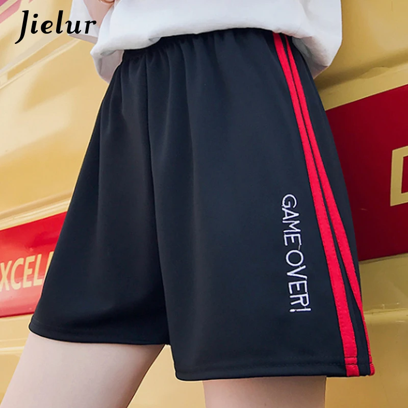 

Jielur High Waist Shorts Summer Black Sports Shorts Women Side Stripe Embroidery Letters Pockets Harajuku Short Pants Spodenki