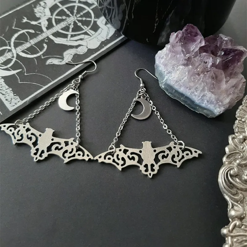 New Goth Bat & Moon Chain Earrings Crystal Alternative Minimal Romantic Statement Punk Jewelry Witchy Gift Stones Women Gift