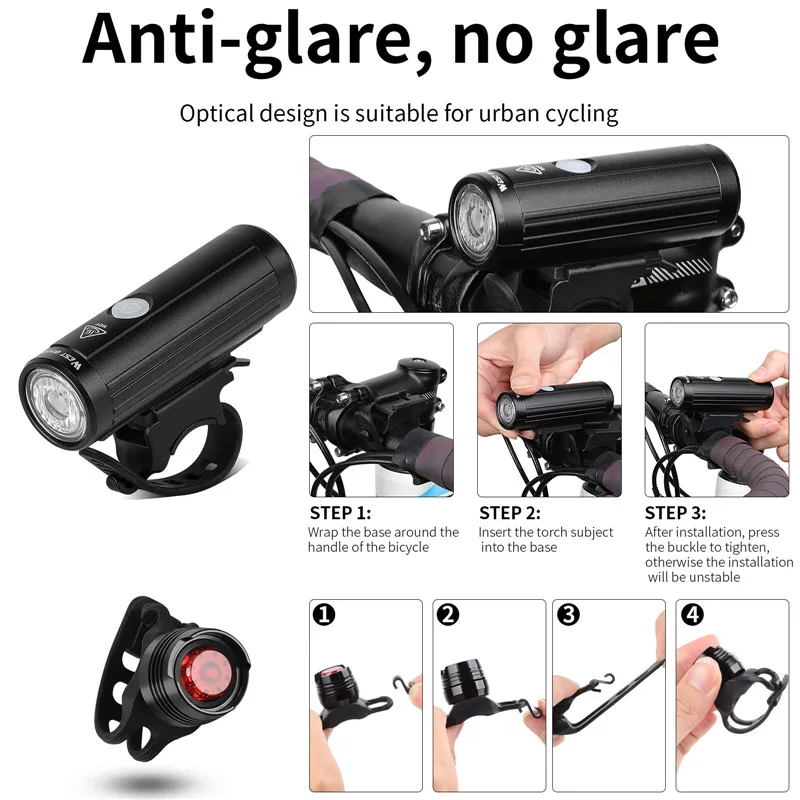 WEST BIKING 2000mAh 350LM Bike Light Waterproof Anti-glare MTB Bicycle Lamp USB Rechargeable LED Cycling Headlight Taillight