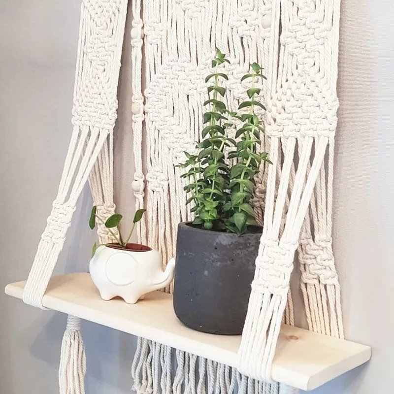 Boho Macrame Rack Hanging Shelf Organizer Home Living Room Plant Pot Holder Nordic Decor Wooden Storage Racks Shelves for Wall