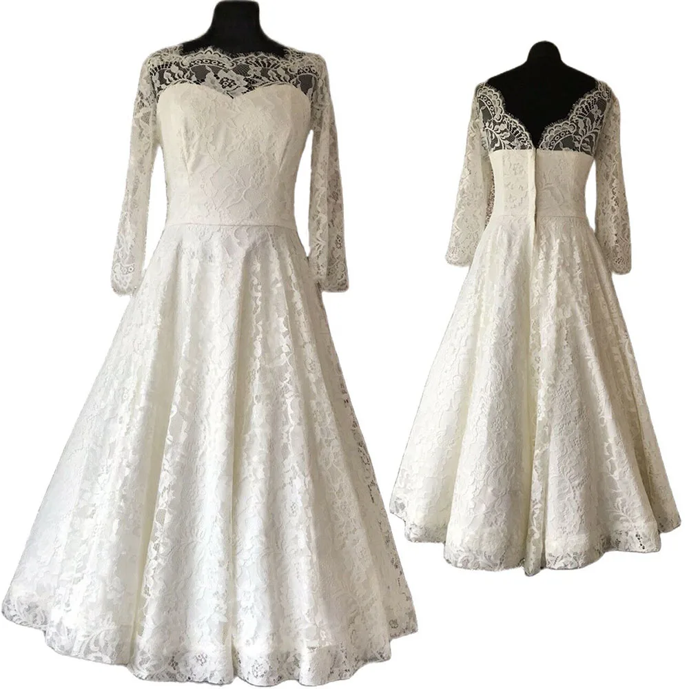 Classic Lace A Line Wedding Dresses Scoop Long Sleeve Tea Length Bridal Gown Zipper Back