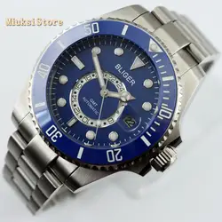 Bliger 43mm blue dial luminous marks sapphire glass ceramic bezel date GMT automatic mens top mechanical watch