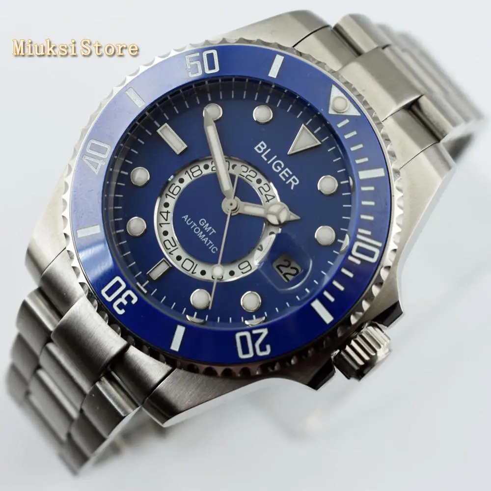 Bliger 43mm blue dial luminous marks sapphire glass ceramic bezel date GMT automatic mens top mechanical watch