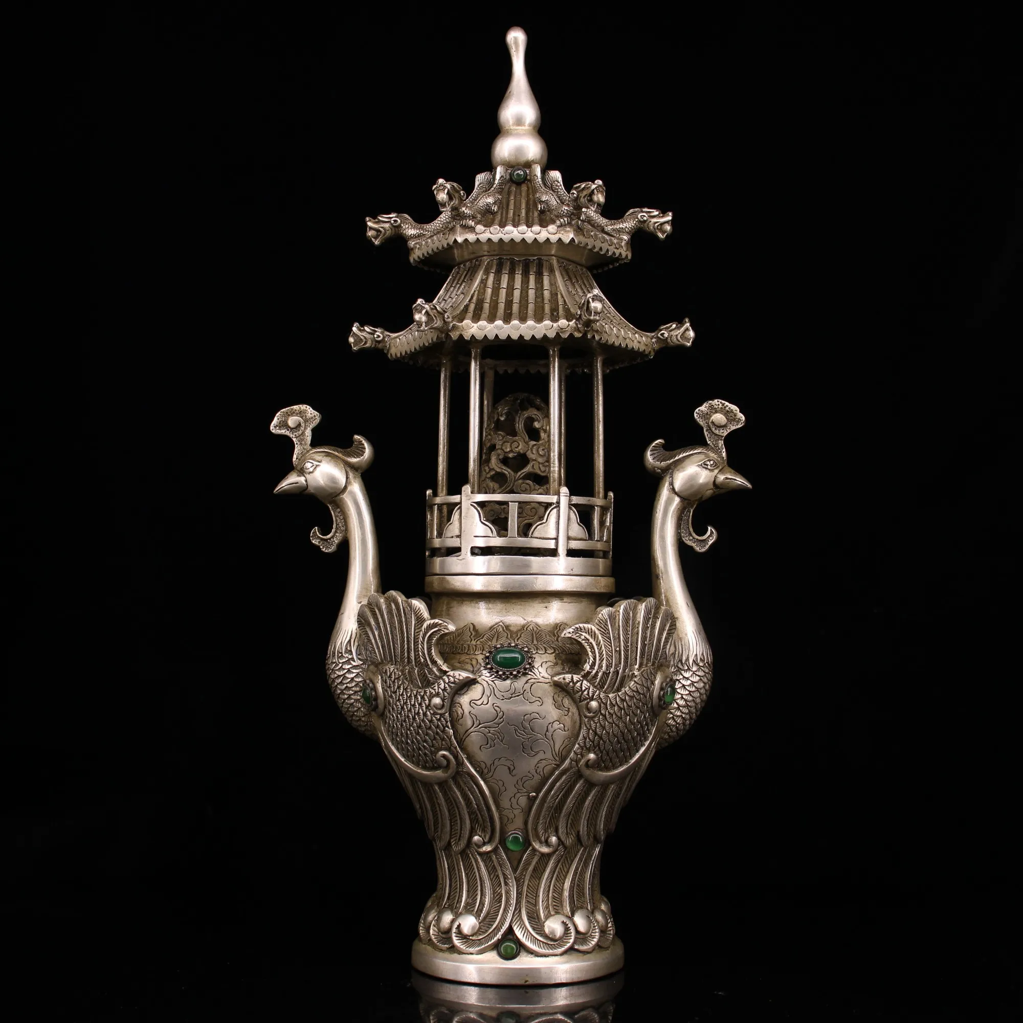 

18"Tibetan Temple Collection Old Bronze Gilded silver Mosaic Gem Phoenix Peacock Ear Tower Incense Burner pagoda Town House