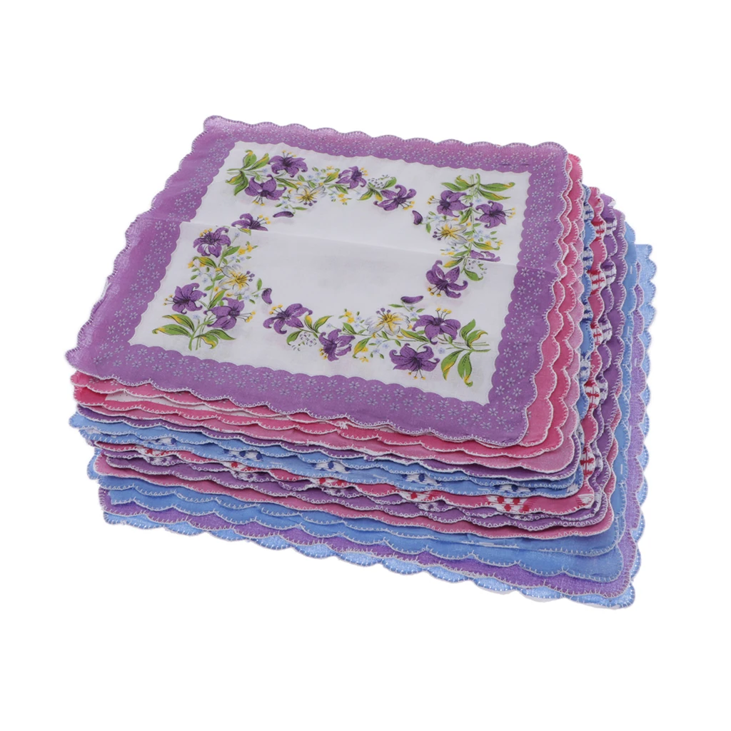 Confezione da 15 fazzoletti fazzoletti di pizzo floreale colorato in cotone fazzoletti Hanky Bulk per le donne esci da viaggio tovagliolo portatile da campeggio