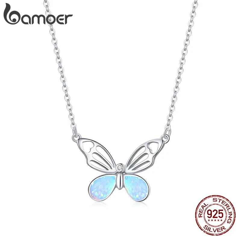 Bamoer 925 Sterling Silver Colorful Opal Butterfly Pendant Necklace Hollow Pattern Insect Neck Chain Women Fine Jewelry BSN216