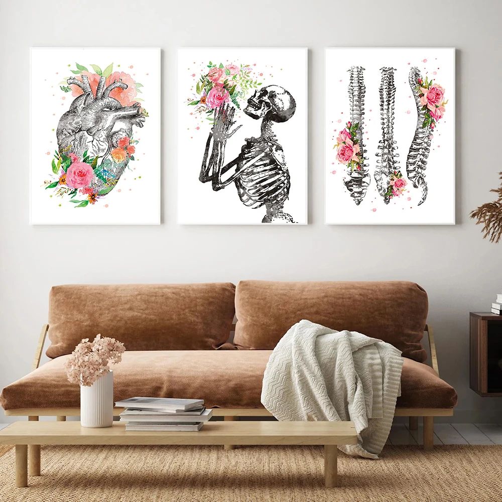 Colorful Anatomy Flower Heart Spine Wall Art Canvas Painting Poster and Printmaking Mural Doctor Clinic Decoration