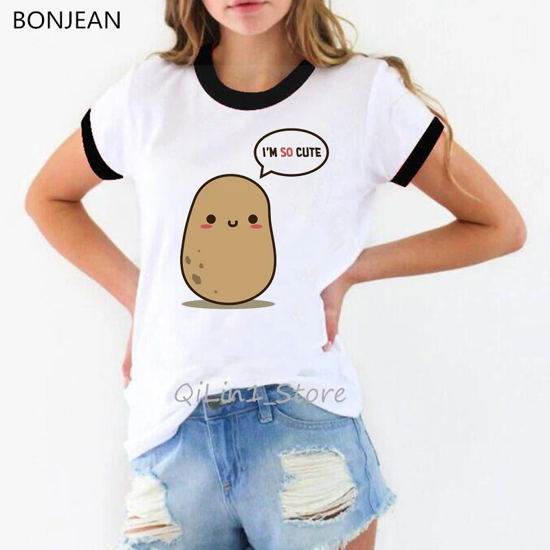 Harajuku Kawaii Happy Potato Print Graphic Tees Women Funny Cartoon T Shirts Summer Top White Female T-Shirt 90s Tumblr Clothes