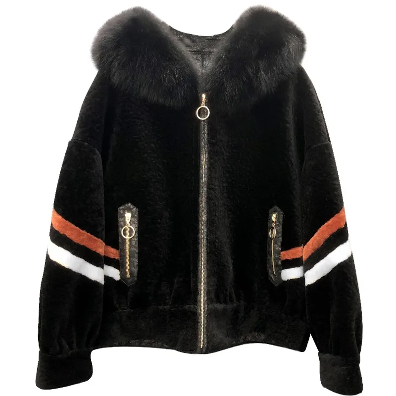 Neue Kapuze echte Wolle Mantel neue Wintermantel Frauen Fuchs Pelz Kragen Schaf Lammfell Jacke Lamm wolle Jacke schlanke kurze Mantel Frauen