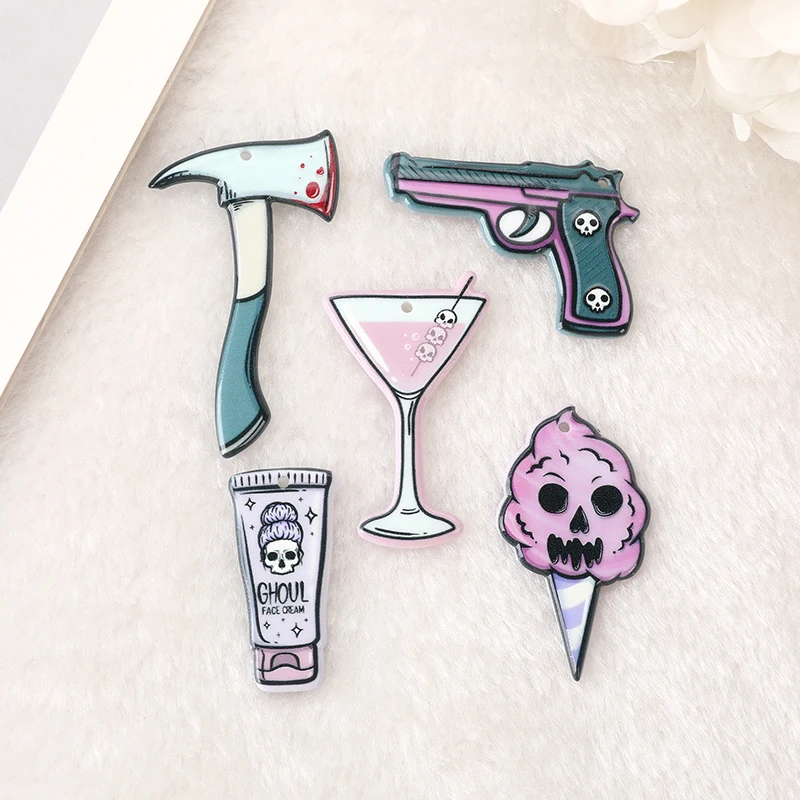 10 Pcs Halloween Charms Cocktail Skulls Axe Blood Cotton Candy Ghoul Cream Crafts Flatback Acrylic Findings For Jewelry Diy