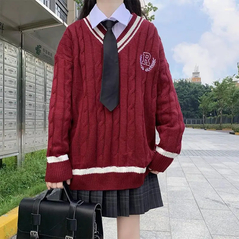 New College Style Sweet JK Uniform Pullover Sweater Korean V-neck Sweater Female Student Loose Outwear Japanese School Uniform