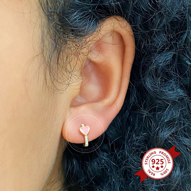 925 Sterling Silver Needle Pink Crystal Heart Hoop Earrings for Women Fashion Geometric Pendant Earrings Luxury Jewelry Gifts