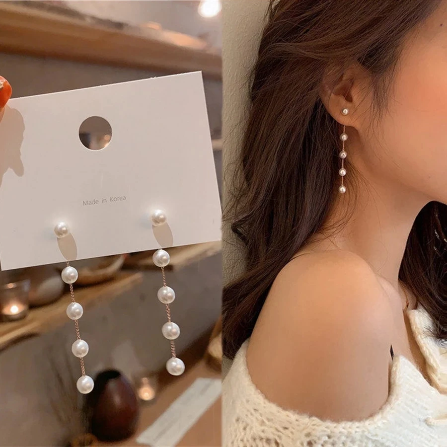 2025 New Trend Simulation Pearl Long Earrings Women's Flower Rhinestone Wedding Pendant Earrings Fashion Korean Jewelry Earrings