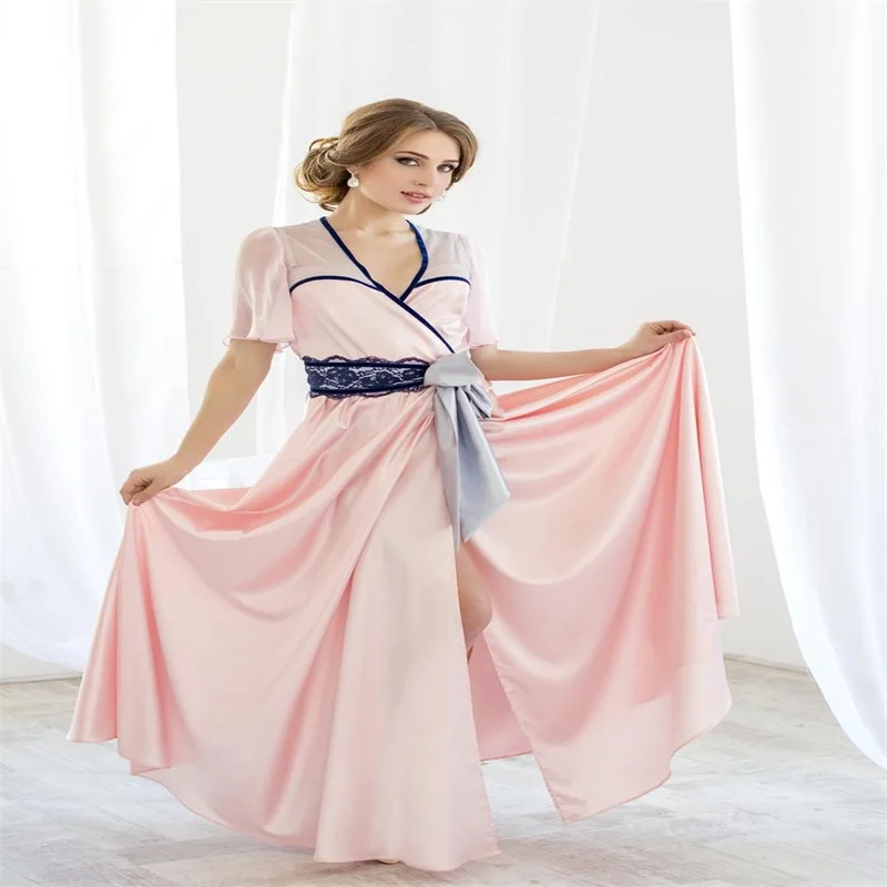 

Elegant Bride Sleepwear Robes With Belt Soft Silk Satin Sexy V Neck Short Sleeve Custom Made Lace Women Sleepwear Pajamas Dress