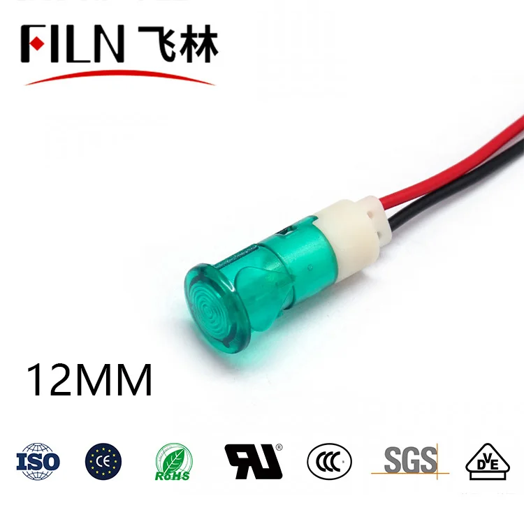 FILN Plastic hot sale buckle push snap in 12mm ammeter indicator light 6v 12v 110v 48v signal light with cable