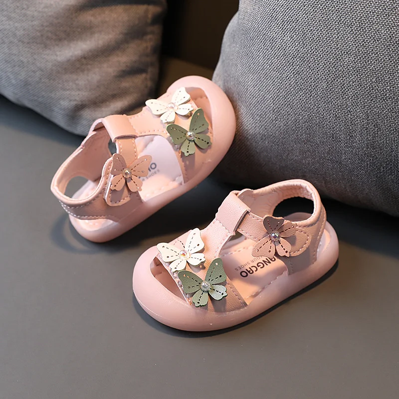 Summer Kids Infant Korean Princess Dress Shoes For Toddler Baby Girls Pink Beige Flats Flower Sandals 6M 8M 1 2 3 4 5 Years Old