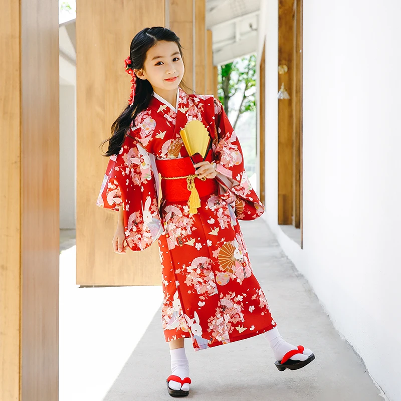 1PCS New Arrival Children's Cartoon Animal Japanese Kimono Kids Red Long-sleeve Yukata Kimono Performance Costume For GirlsLC063