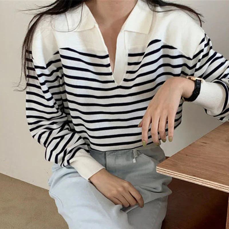 

Fashion Korea Chic Red Striped Knitted Pullovers Women's Autumn 2021 New Lapel Loose Long Sleeve Sweater Female X917