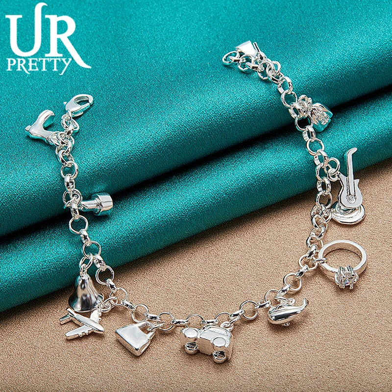 URPRETTY 925 Sterling Silver Shoes Lipstick Bag Car Airplane Ring  Chain Bracelet For Women Wedding Engagement Charm Jewelry