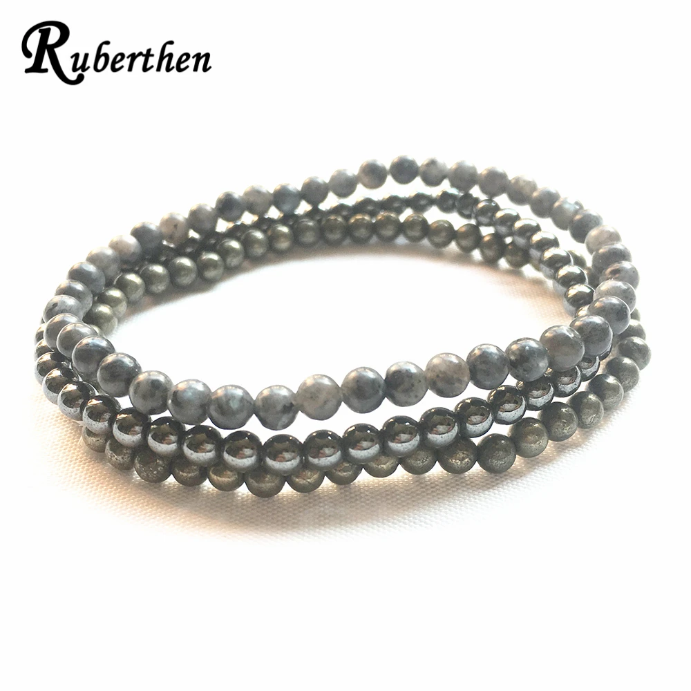 Ruberthen Natural Pyrite Hematite Bracelet Set Trendy Gray Larvikite Bracelet 4 mm Mini Gemstone Energy Bracelets