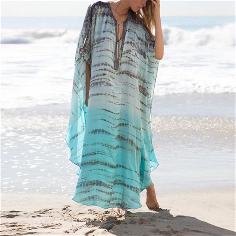 Summer Chiffon Printed Bikini Beach Cover Up Women Sexy Deep V-Neck Loose Boho Robe Holiday Dress Sun Protection Shirt Cover Up