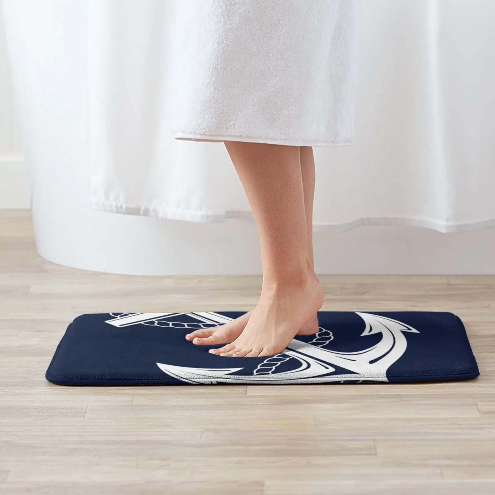 Anchor White & Navy Entrance Door Mat Bath Mat Rug Marine Anchors Navy White Blue Ropes Boating Boaters Fishermans Unique Ocean