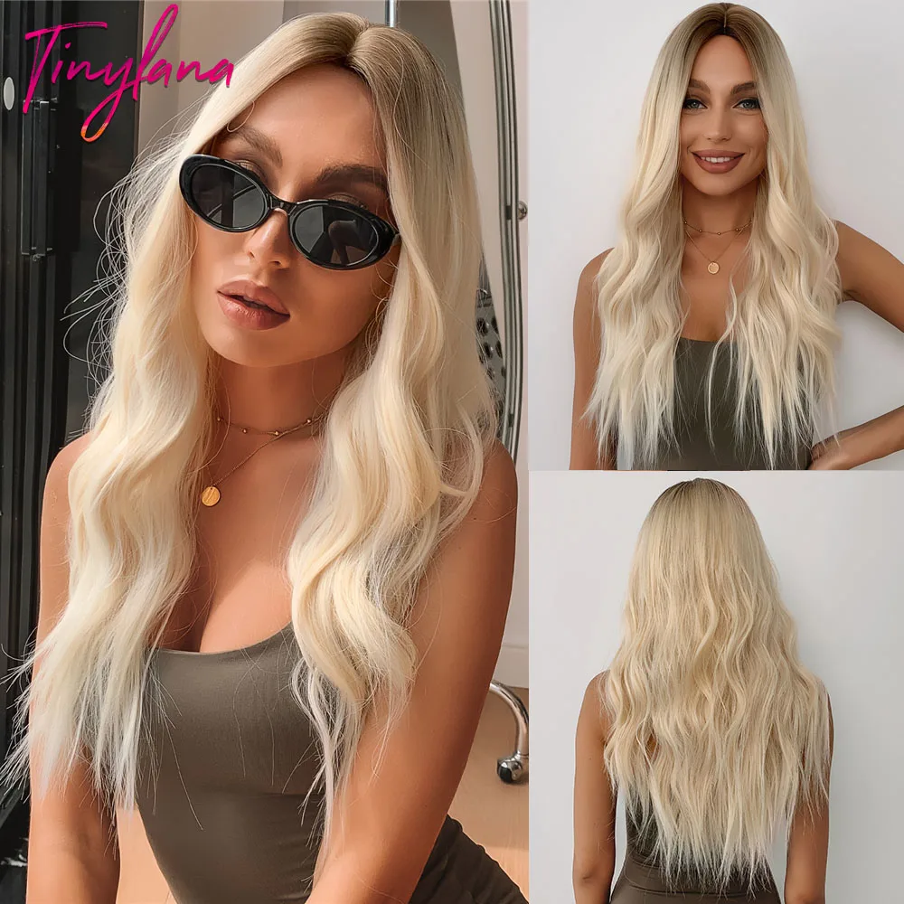 TINY LANA Long Wavy Omber White Blonde Platinum Synthetic Wig For White Woman Middle Part Cosplay Natural Hair Heat Resistant