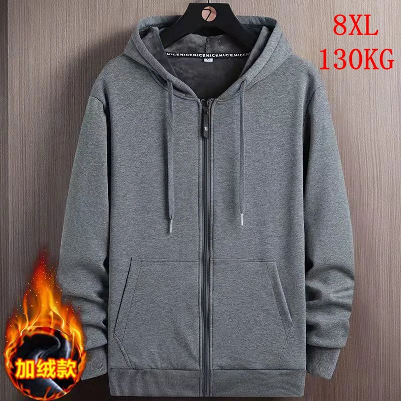 

Large men's autumn winter 8xl 130kg long sleeve zipper pocket Hooded Sweatshirt 6xl cotton thick warm black gray blue big jacket