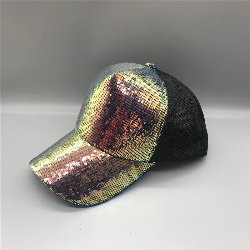 YOYOCORN Striking Pretty Adjustable Women Panama Girls Hats For Party Club Gathering rainbow Sequins Shining Mesh Baseball Cap