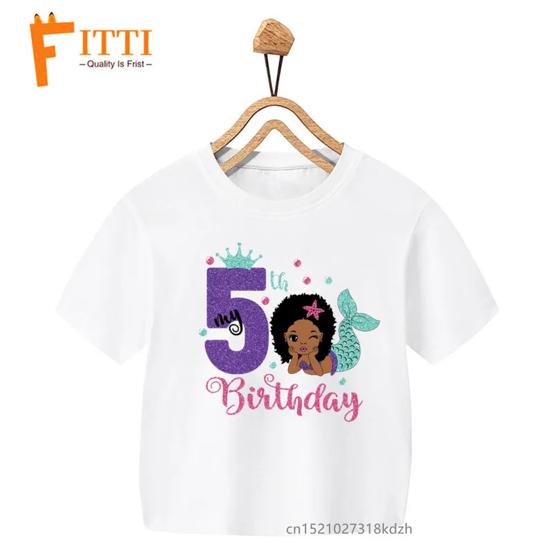 Afro Mermaid Birthday Number Print Girl White T-shirt Kid Summer Harajuku Kawaii Funny Clothes Little Baby Y2K Clothes,Drop Ship