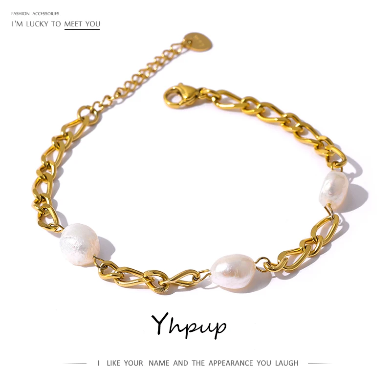 Yhpup Elegant Natural Pearl Chain Bracelet Stainless Steel Fashion Jewelry Exquisite 18 K Metal Women Accessories Waterproof