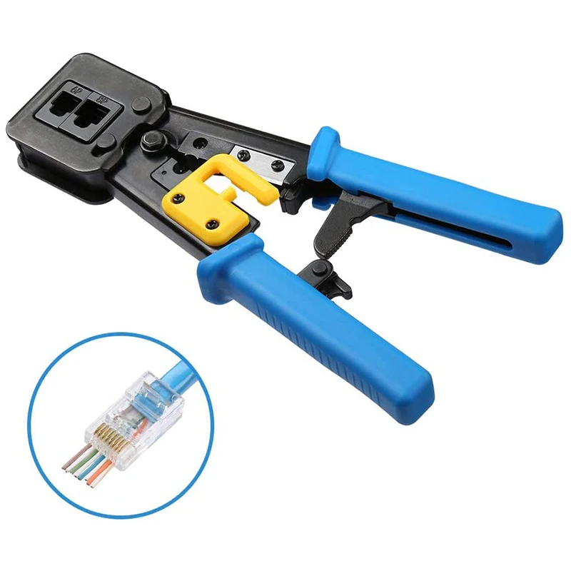 RJ45 Crimp Tool Pass Through Cat5 Cat5e Cat6 Crimping Tool For RJ45/RJ12 Regular And End-Pass-Through Connectors 100pcs Set