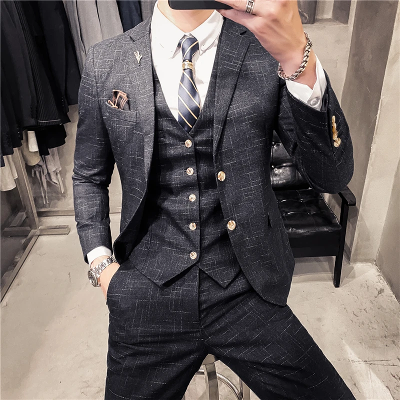 S-7XL Men Skinny 3 Pieces Set Formal Slim Fit Tuxedo Prom Suit / Male Groom Wedding Blazers luxury Dress Jacket Coat Pants Vest