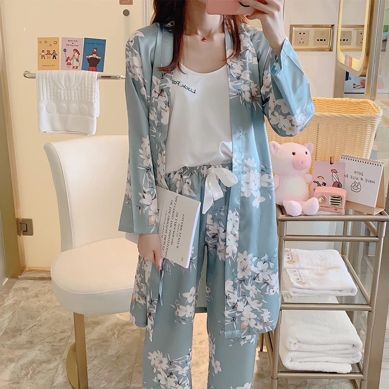 Three-piece nightgown female autumn Korean silky sexy long-sleeve sleepwear printed trousers home wear elegant bathrobe pijamas