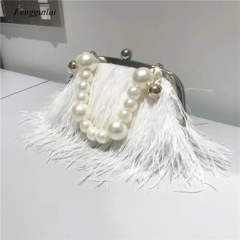 Luxury Ostrich Feather Party Evening Clutch Bag Women Wedding Purses and Handbags Small Shoulder Chain Bag Designer Bag 2021